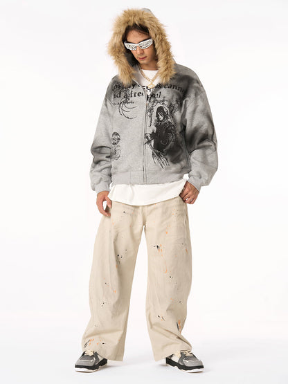 Thesupermade Wasteland Style Cardigan Zip UP Fur Hooded Jacket - 2279 