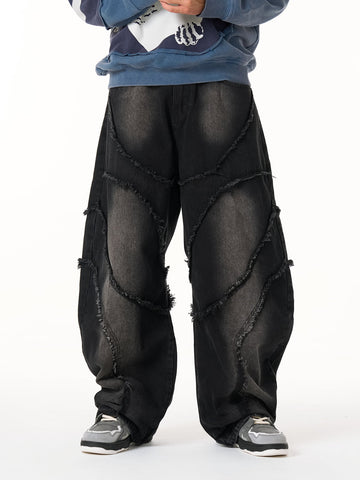 Washed Distressed Raw Edge Barrel Jeans - 2402 