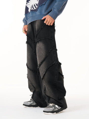 Washed Distressed Raw Edge Barrel Jeans - 2402 