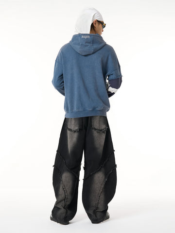 Washed Distressed Raw Edge Barrel Jeans - 2402 