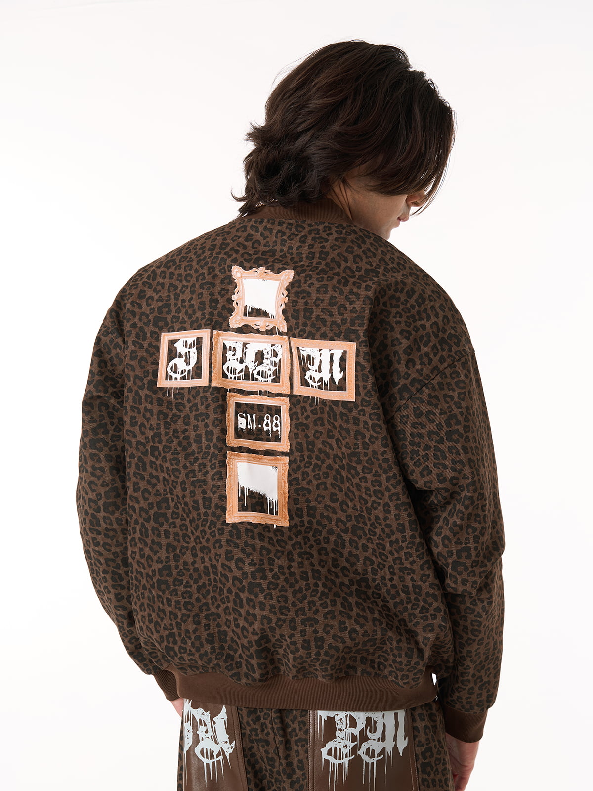 Cross Frame Leopard Print Baseball Jacket - 2572 