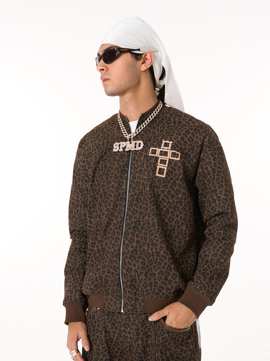Cross Frame Leopard Print Baseball Jacket 