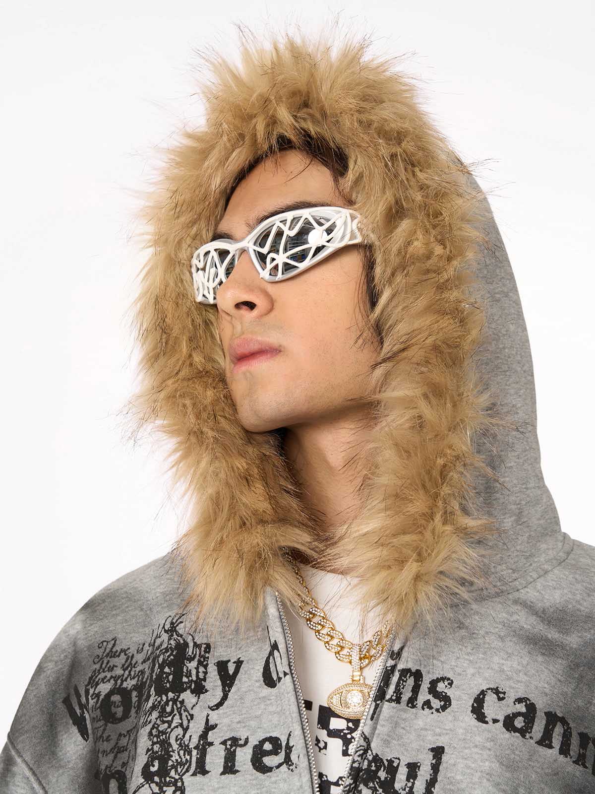 Thesupermade Wasteland Style Cardigan Zip UP Fur Hooded Jacket - 2279 