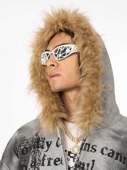 Thesupermade Wasteland Style Cardigan Zip UP Fur Hooded Jacket - 2279 