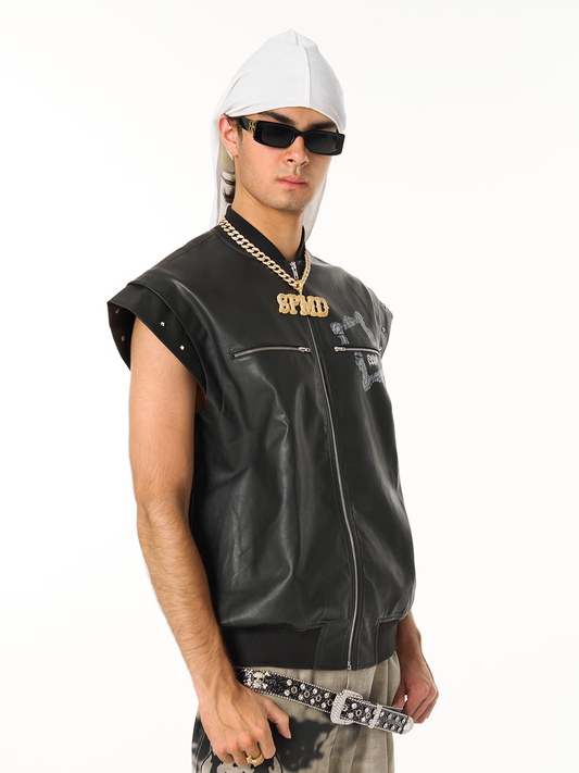 Thorn Destruction Frame Pattern Leather Vest 