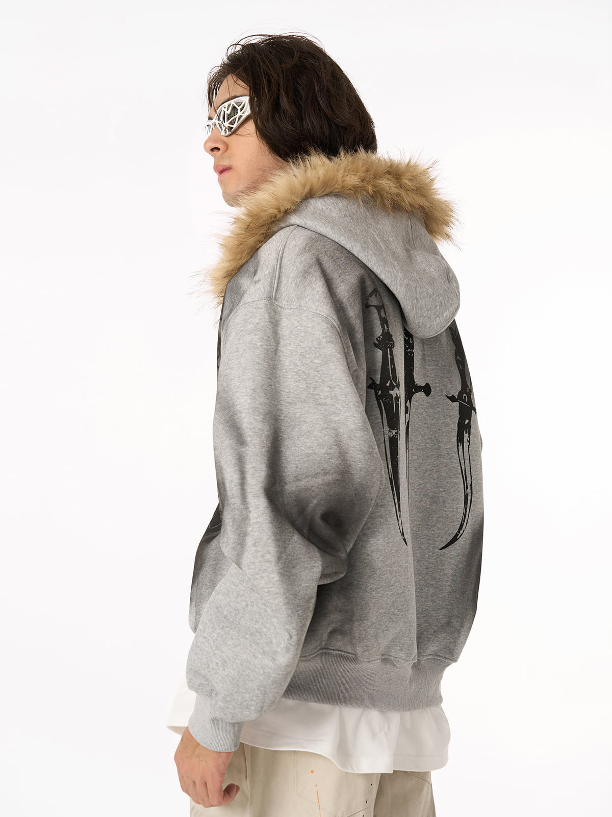 Thesupermade Wasteland Style Cardigan Zip UP Fur Hooded Jacket - 2279 