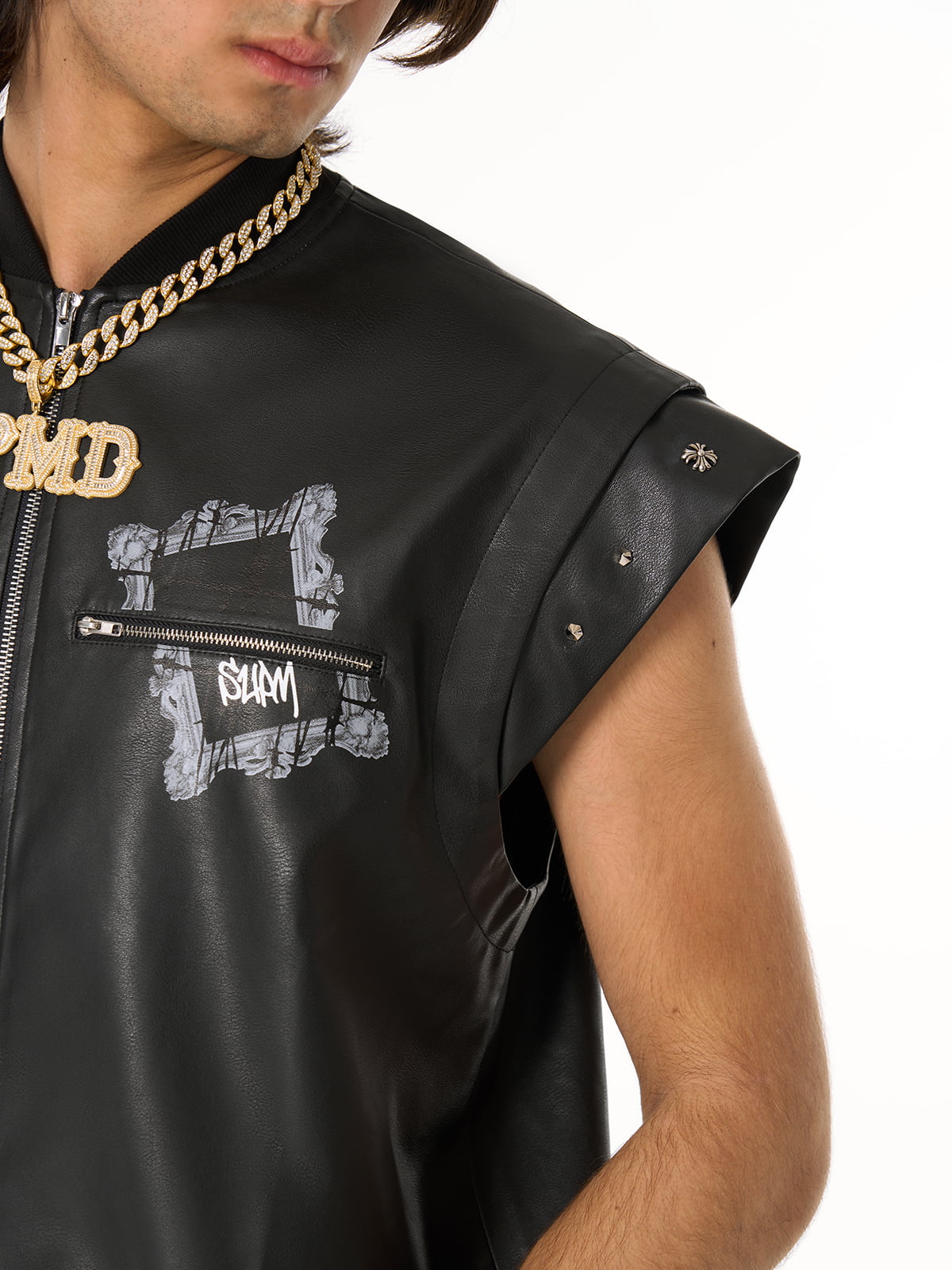 Thorn Destruction Frame Pattern Leather Vest 