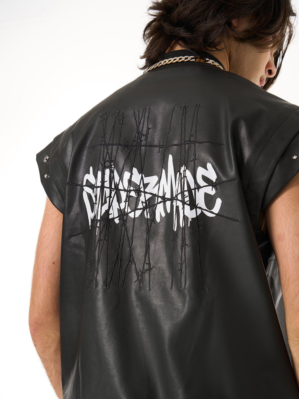 Thorn Destruction Frame Pattern Leather Vest 