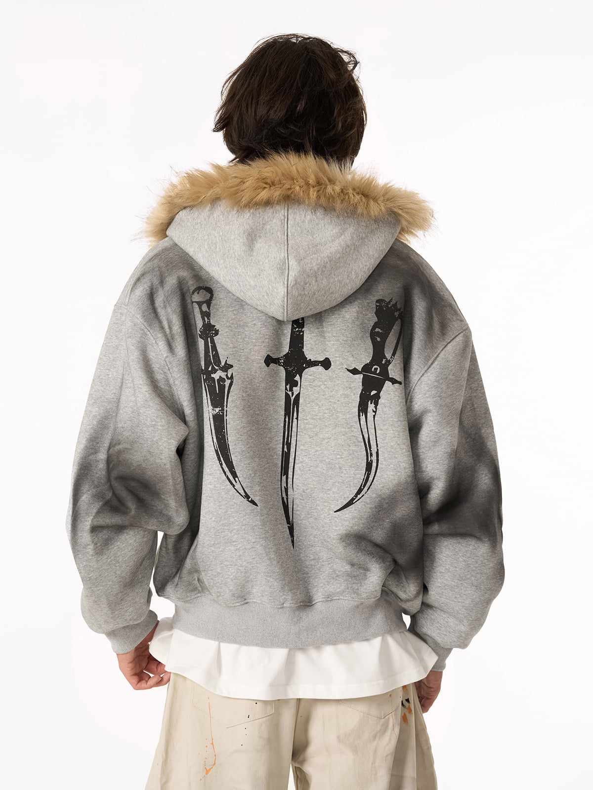 Thesupermade Wasteland Style Cardigan Zip UP Fur Hooded Jacket - 2279 