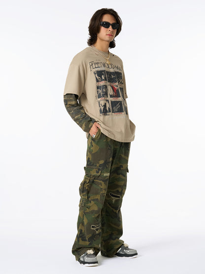 Distressed Camouflage Faux Two-Piece Graphic T-Shirt - 2420 
