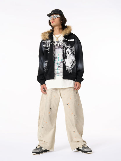Thesupermade Wasteland Style Cardigan Zip UP Fur Hooded Jacket - 2279 