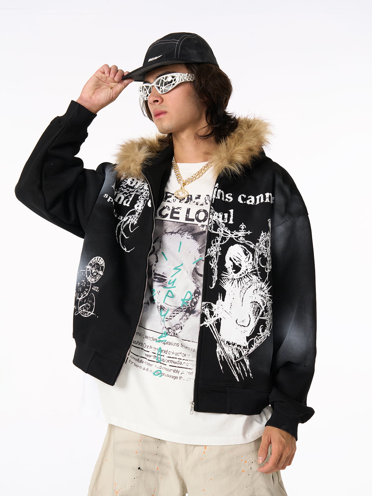 Thesupermade Wasteland Style Cardigan Zip UP Fur Hooded Jacket - 2279 