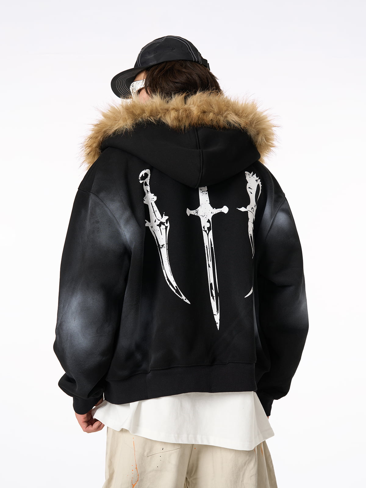 Thesupermade Wasteland Style Cardigan Zip UP Fur Hooded Jacket - 2279 