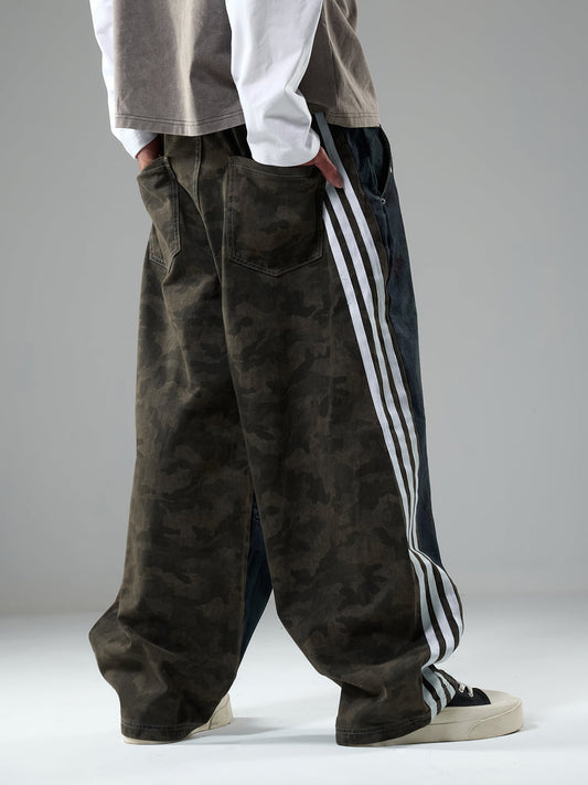Baggy Wide-Leg Side Stripe Patchwork Totem Print Washed Jeans 