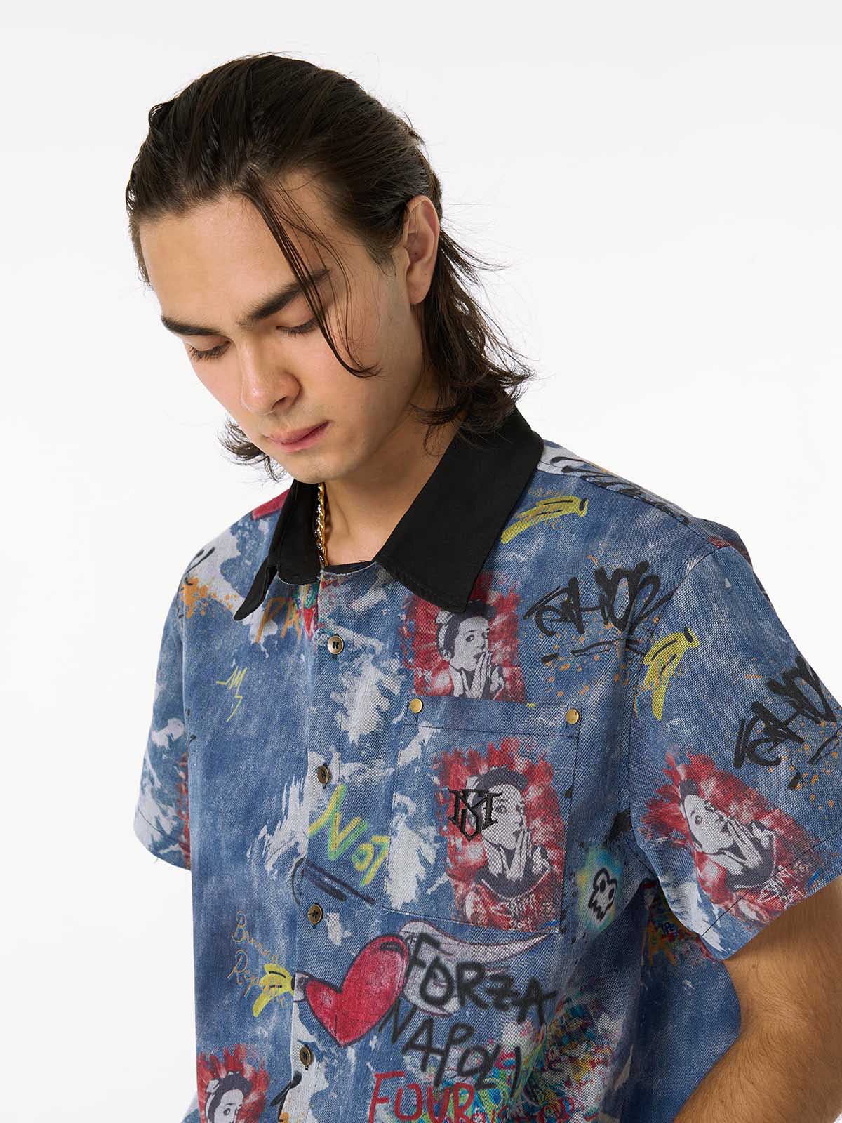 Tie-Dye Denim Graffiti Polo T-Shirt 