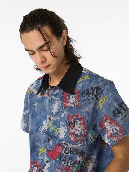 Tie-Dye Denim Graffiti Polo T-Shirt 