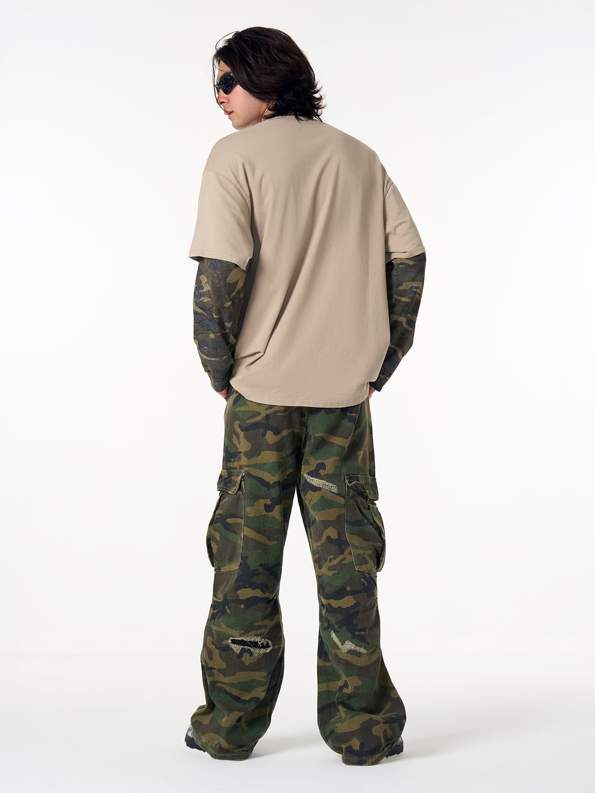 Distressed Camouflage Faux Two-Piece Graphic T-Shirt - 2420 