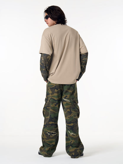 Distressed Camouflage Faux Two-Piece Graphic T-Shirt - 2420 