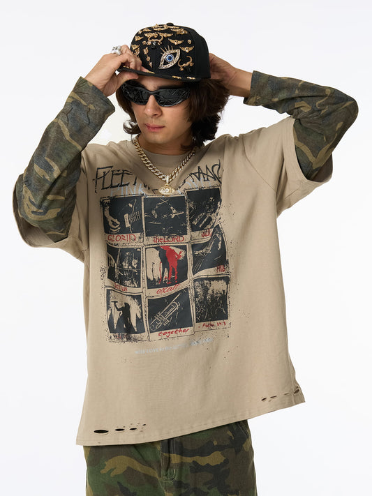 Distressed Camouflage Faux Two-Piece Graphic T-Shirt - 2420 
