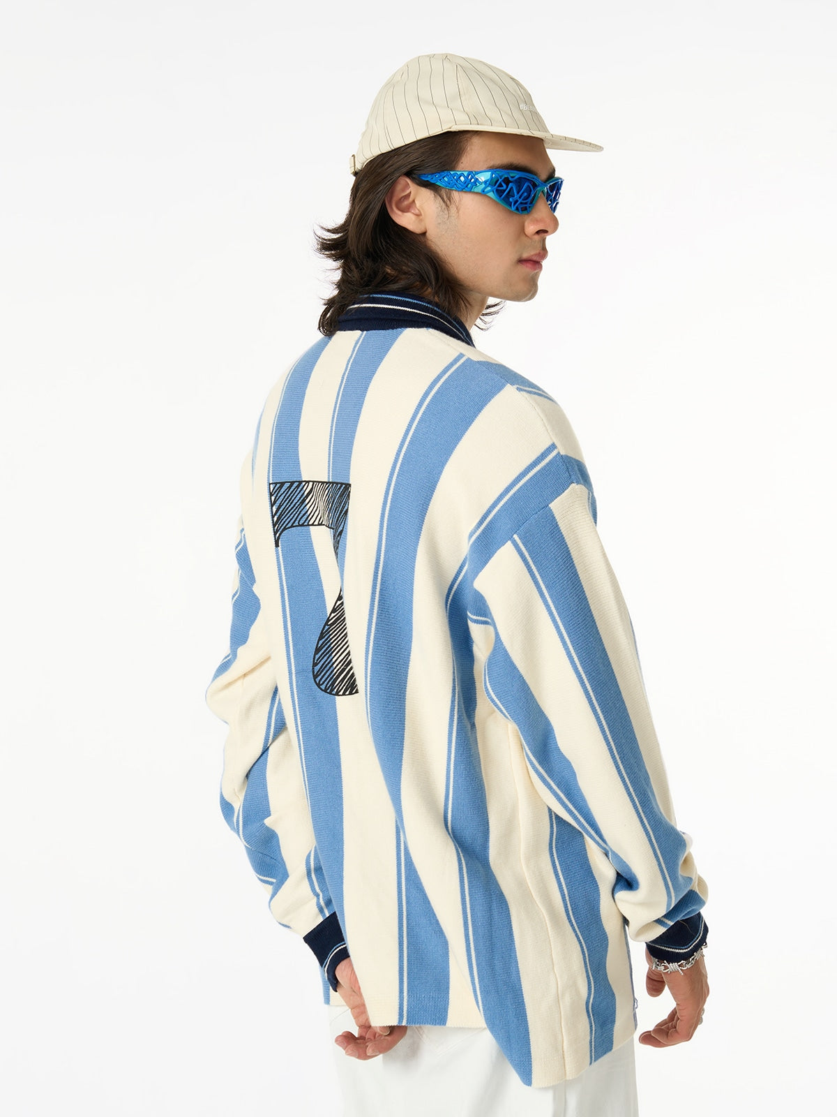 Retro Striped Polo Collar Sports Jersey Knit Sweater 