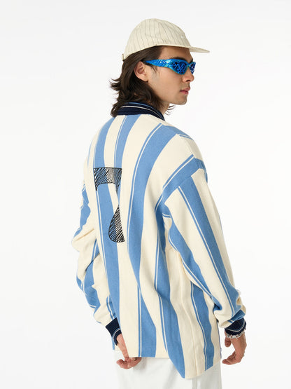 Retro Striped Polo Collar Sports Jersey Knit Sweater 
