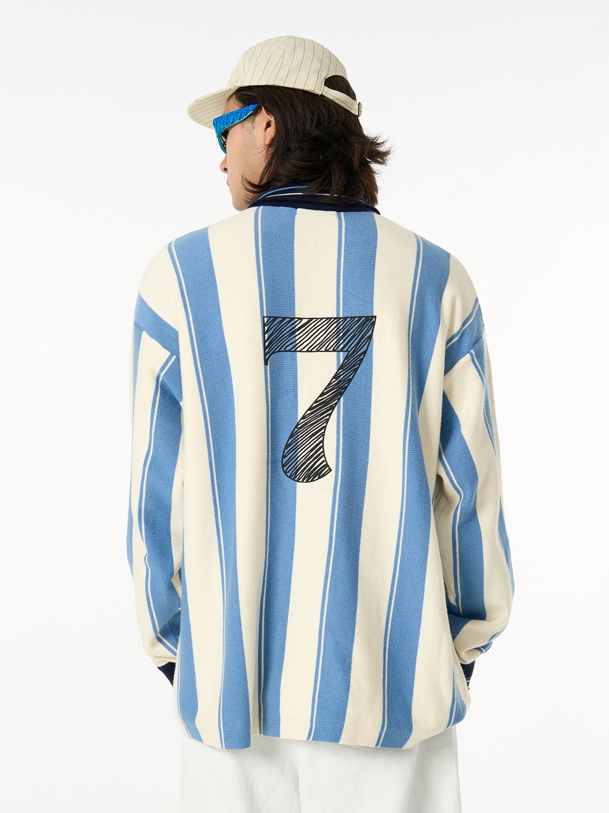 Retro Striped Polo Collar Sports Jersey Knit Sweater 