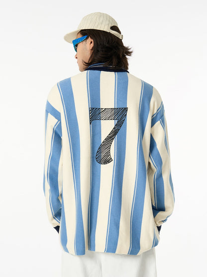 Retro Striped Polo Collar Sports Jersey Knit Sweater 