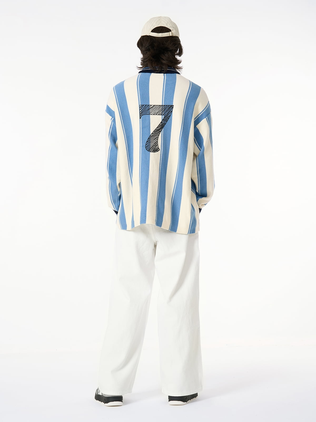Retro Striped Polo Collar Sports Jersey Knit Sweater 