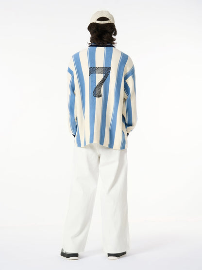 Retro Striped Polo Collar Sports Jersey Knit Sweater 