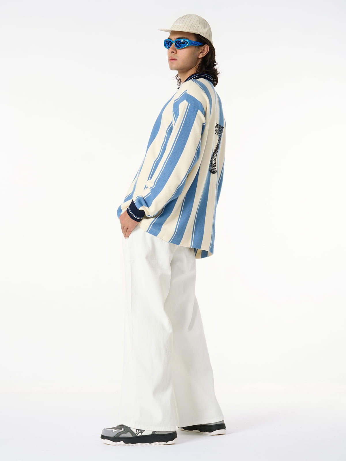 Retro Striped Polo Collar Sports Jersey Knit Sweater 