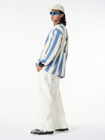 Retro Striped Polo Collar Sports Jersey Knit Sweater 