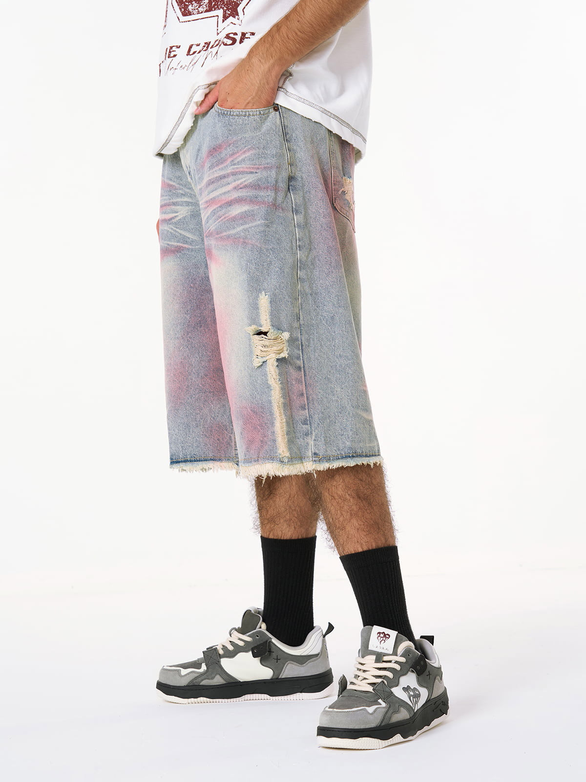 Distressed Tie-Dye Denim Jorts 