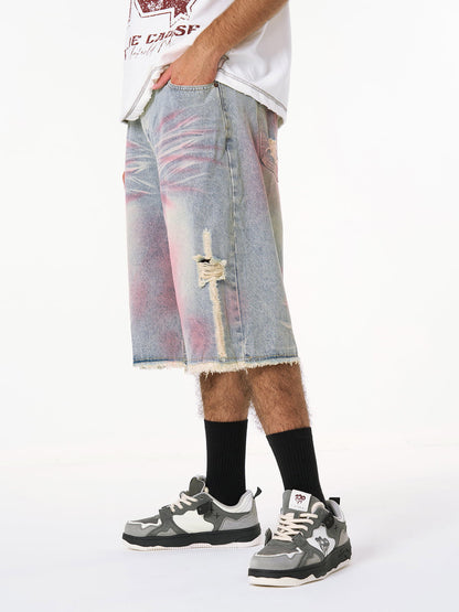 Distressed Tie-Dye Denim Jorts 
