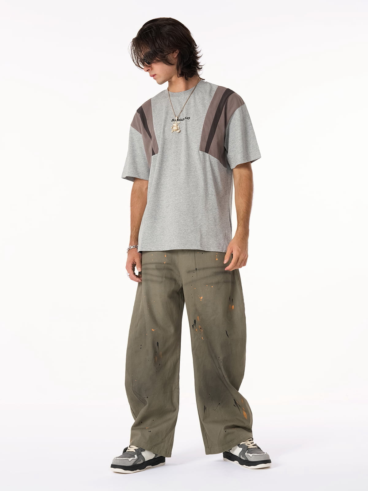 Retro Contrast Color Stitching Embroidered Letter T-shirt 