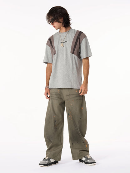 Retro Contrast Color Stitching Embroidered Letter T-shirt 