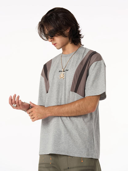 Retro Contrast Color Stitching Embroidered Letter T-shirt 