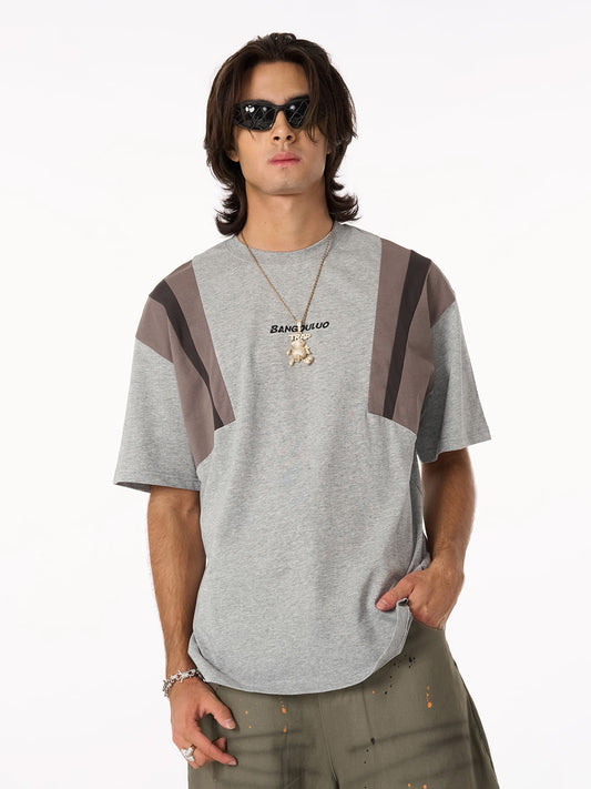 Retro Contrast Color Stitching Embroidered Letter T-shirt 
