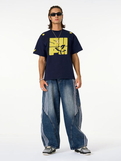 Striped Stitching Barrel Jeans - 2423 