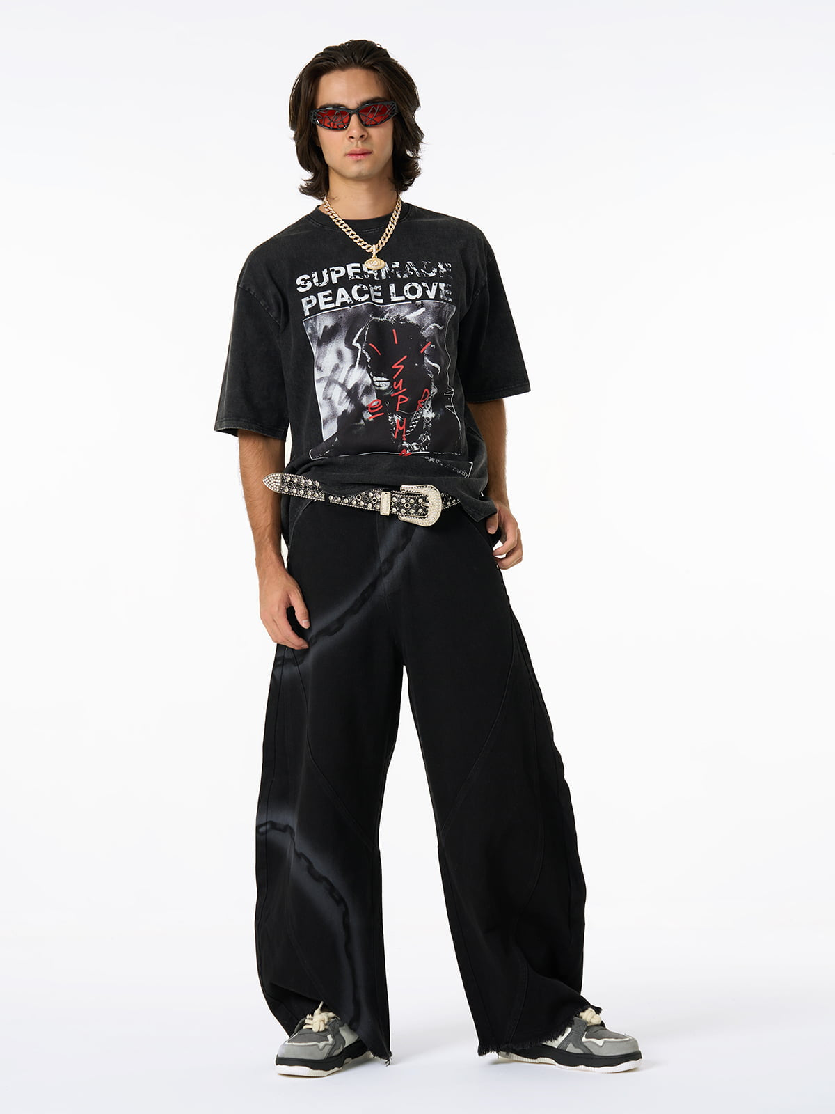 Chain Print Raw Edge Washed Wide-Leg Jeans 