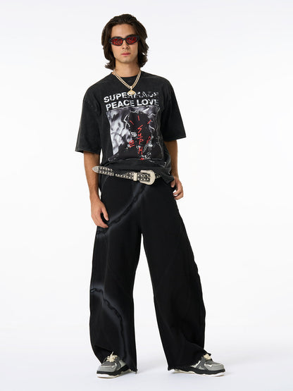 Chain Print Raw Edge Washed Wide-Leg Jeans 