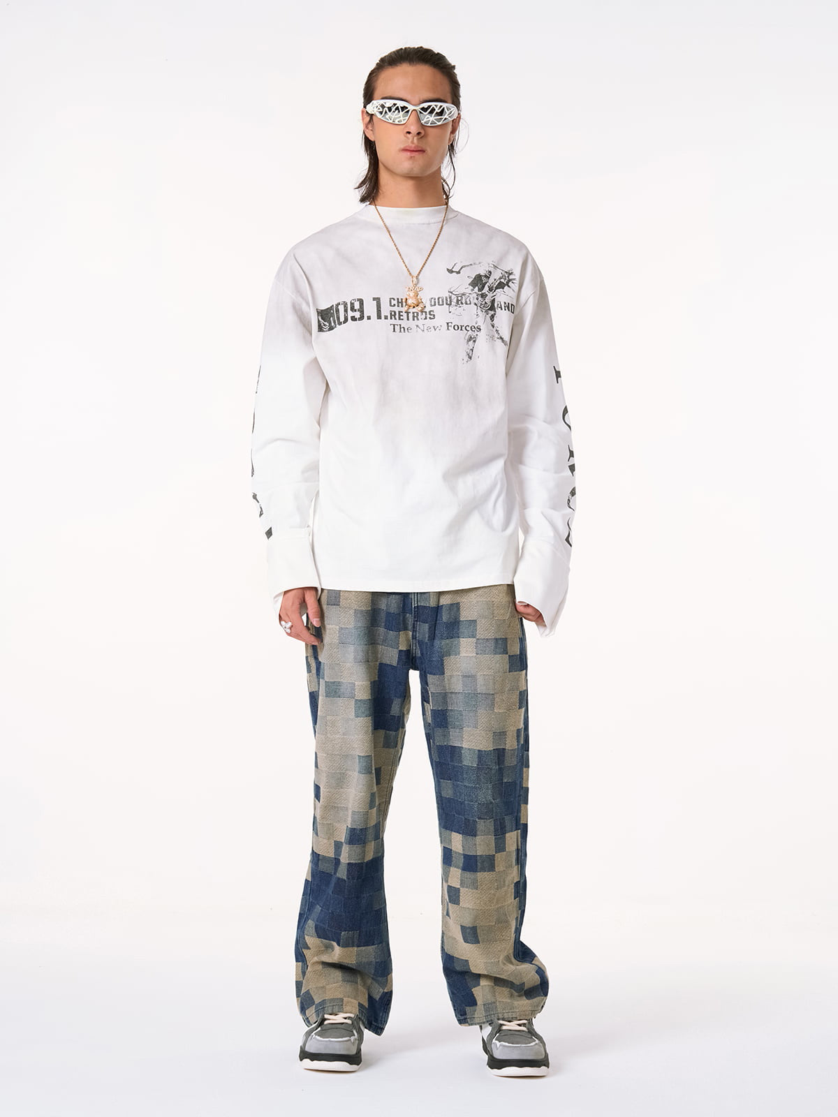 Thesupermade Checkerboard Jacquard Wide Leg Jeans - 2193 