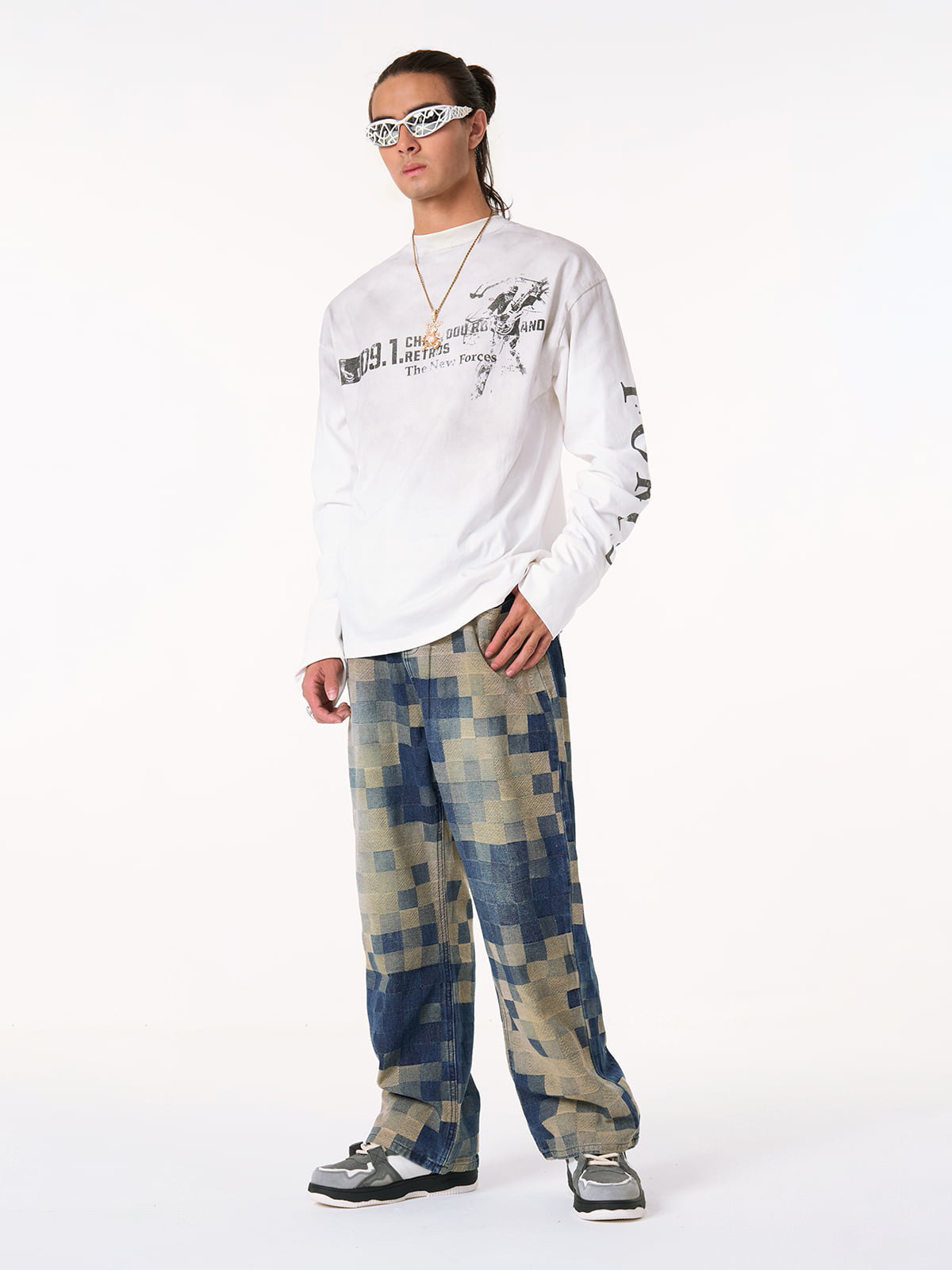 Thesupermade Checkerboard Jacquard Wide Leg Jeans - 2193 