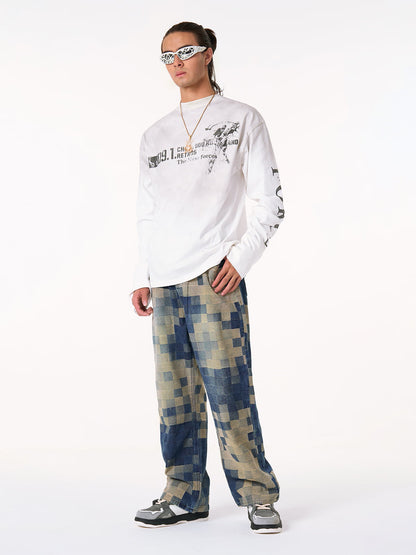 Thesupermade Checkerboard Jacquard Wide Leg Jeans - 2193 