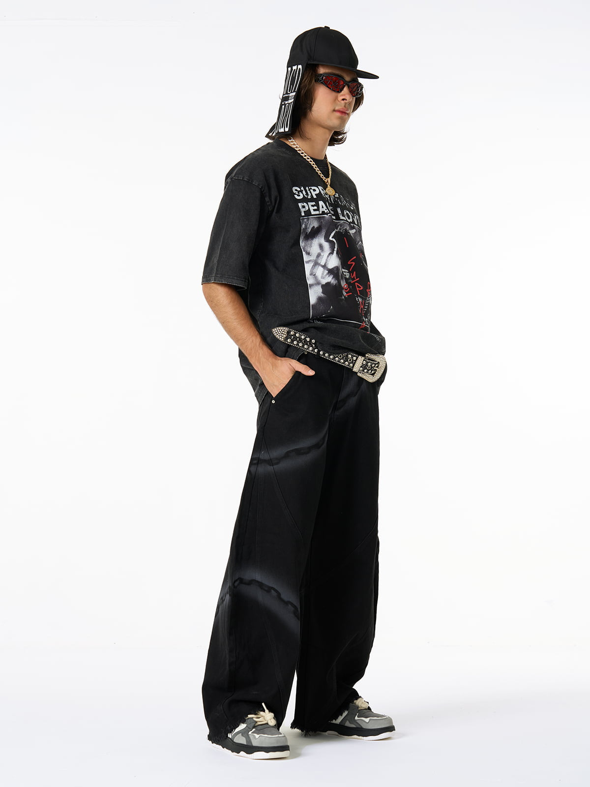 Chain Print Raw Edge Washed Wide-Leg Jeans 