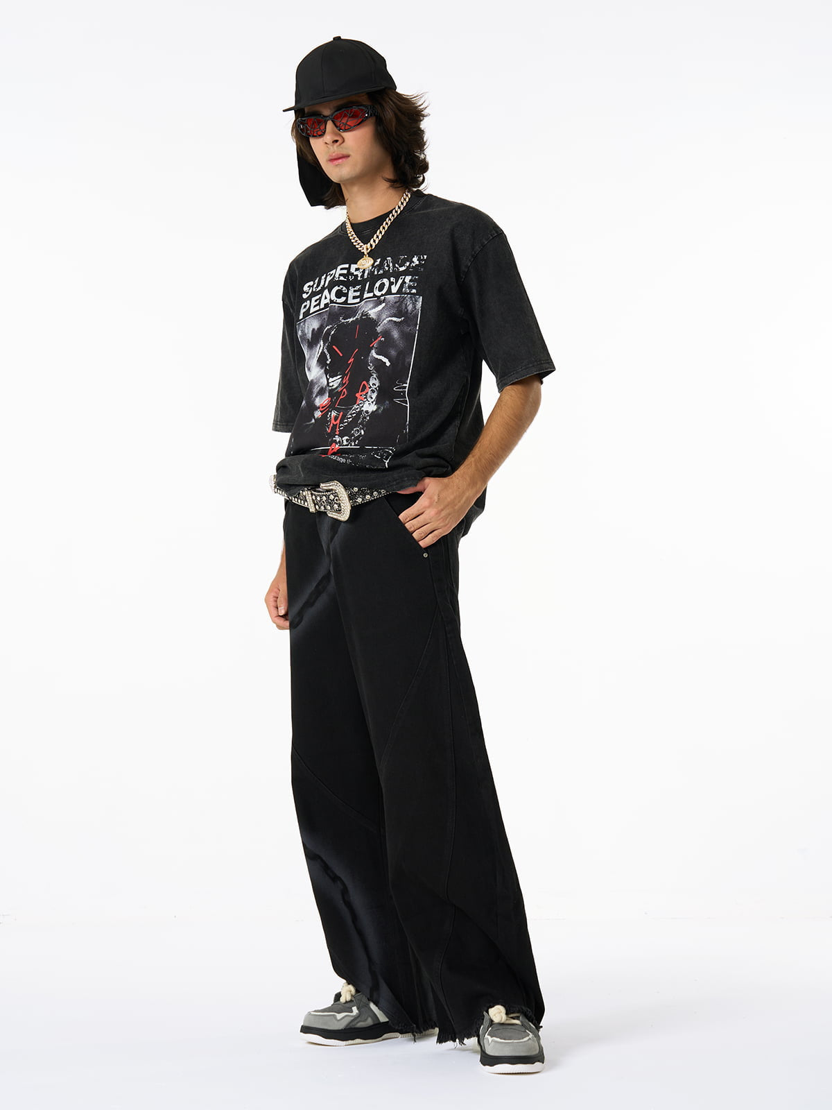 Chain Print Raw Edge Washed Wide-Leg Jeans 
