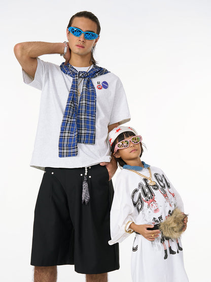 Detachable Badge Hooded Plaid Cape T-shirt 