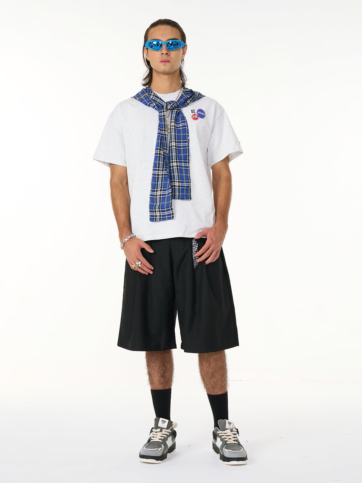 Detachable Badge Hooded Plaid Cape T-shirt 