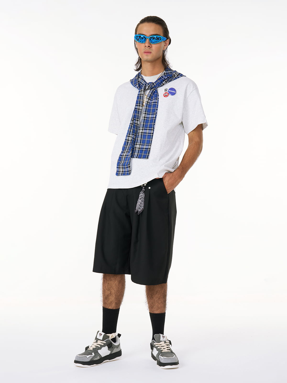 Jersey Knit Detachable Badge Hooded Plaid Cape T-Shirt 