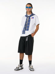 Jersey Knit Detachable Badge Hooded Plaid Cape T-Shirt 