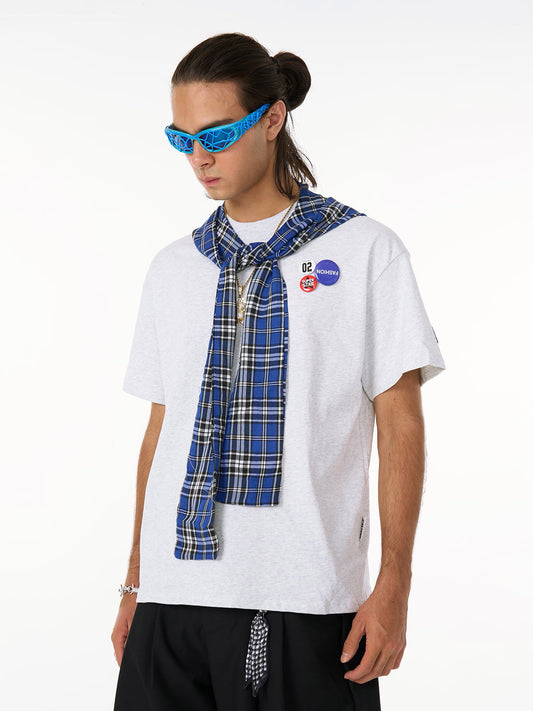 Detachable Badge Hooded Plaid Cape T-shirt 
